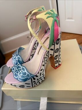 Sophia Webster Multicolor Palm-Accent Platform Sandals in Blue, Pink & Yellow